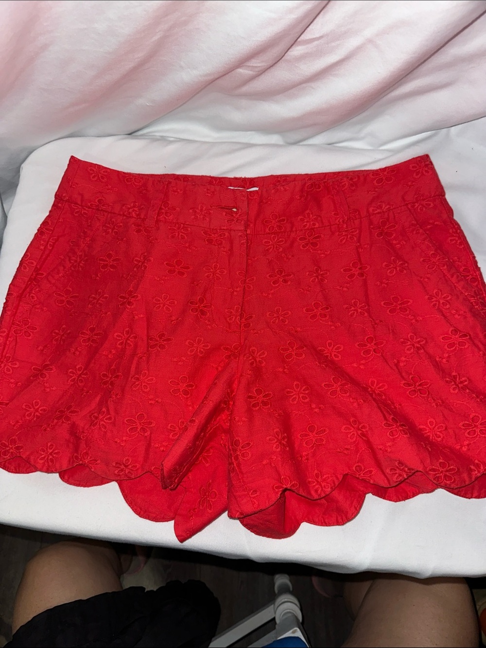 crown & ivy Red Eyelet Scalloped Hem High-Waist Shorts